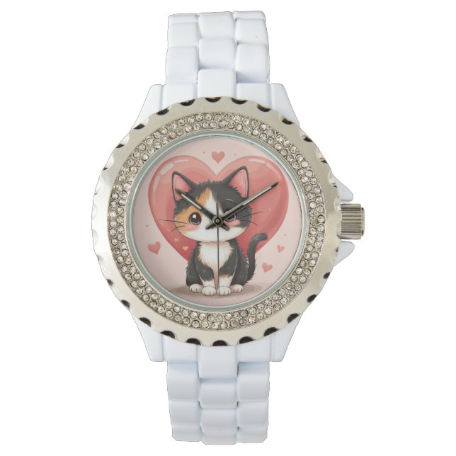 Schattigee kunst van Calico Cat Heart Kawaii Valen Horloge (Voorkant)