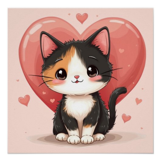 Schattigee kunst van Calico Cat Heart Kawaii Valen Perfect Poster (Voorkant)