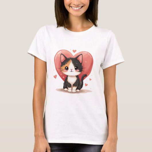 Schattigee kunst van Calico Cat Heart Kawaii Valen T-shirt (Voorkant)