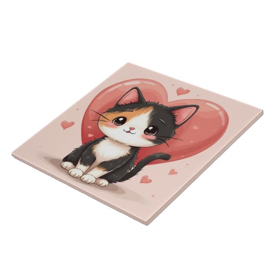Schattigee kunst van Calico Cat Heart Kawaii Valen Tegeltje (Zijkant)
