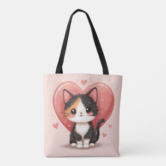 Schattigee kunst van Calico Cat Heart Kawaii Valen Tote Bag (Achterkant)