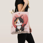 Schattigee kunst van Calico Cat Heart Kawaii Valen Tote Bag (Dichtbij)