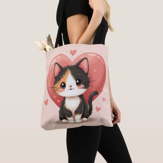 Schattigee kunst van Calico Cat Heart Kawaii Valen Tote Bag (Dichtbij)