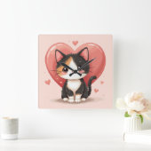 Schattigee kunst van Calico Cat Heart Kawaii Valen Vierkante Klok (Huis)