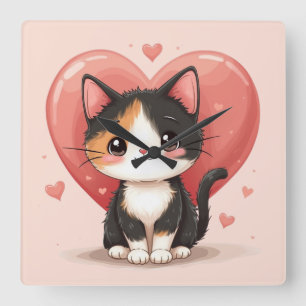 Schattigee kunst van Calico Cat Heart Kawaii Valen Vierkante Klok