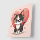 Schattigee kunst van Calico Cat Heart Kawaii Valen Vierkante Klok (Hoek)