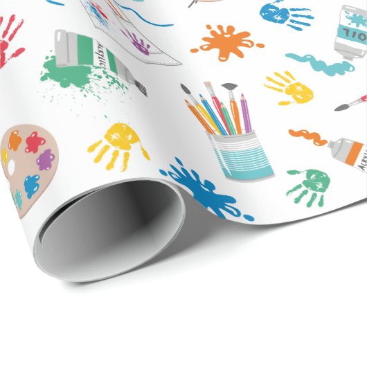 Schattigee Kunstbenodigdheden op wit Cadeaupapier (Rol Hoek)