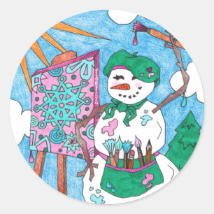 Schattigee Kunstenaar Kunst Sneeuwman Vakantie Ker Ronde Sticker
