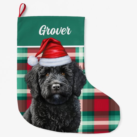 Schattigee Labradoodle Holiday Plaid Gepersonalise Grote Kerstsok (Voorkant)