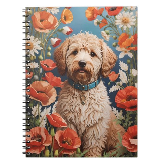 Schattigee labradoodle madeliefje en papaverbloem notitieboek (Voorkant)