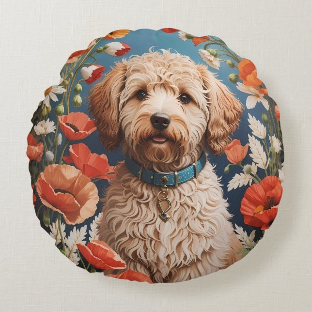 Schattigee labradoodle madeliefje en papaverbloem rond kussen (Voorkant)