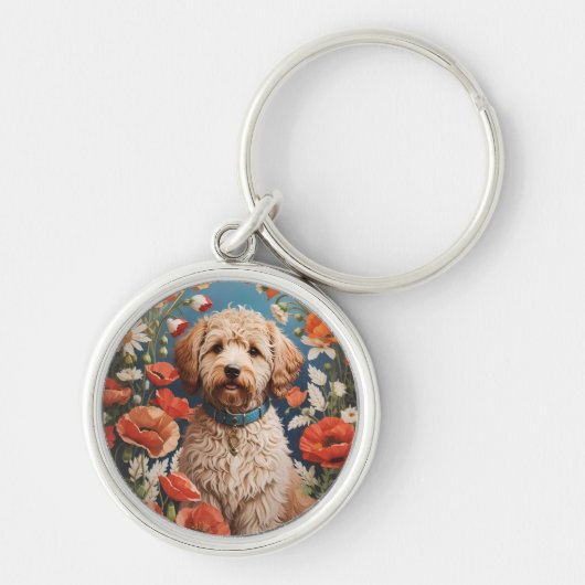 Schattigee labradoodle madeliefje en papaverbloem sleutelhanger (Voorkant)