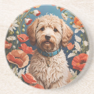 Schattigee labradoodle madeliefje en papaverbloem zandsteen onderzetter