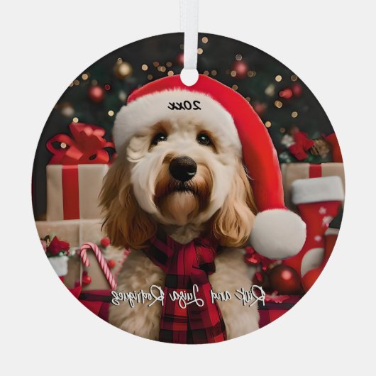 Schattigee Labradoodle met Santa Hat Glas Ornament (Achterkant)