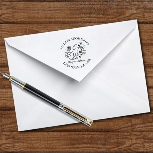 Schattigee labrador, puppy, bloemen, retouradres  zelfinktende stempel