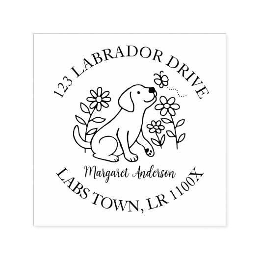 Schattigee labrador, puppy, bloemen, retouradres  zelfinktende stempel (Design)