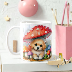Schattigee labrador puppy onder paddenstoelenparap koffiemok