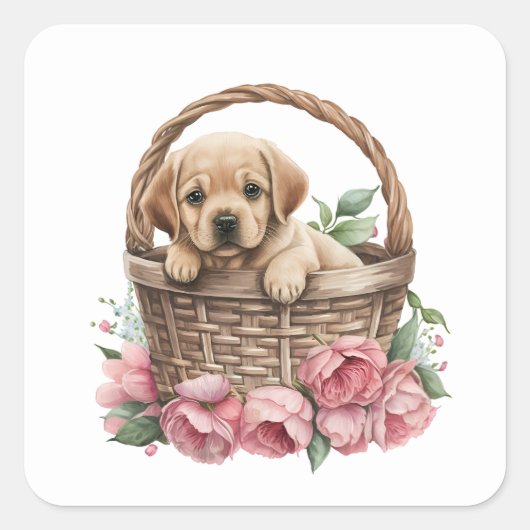 Schattigee Labrador retriever puppy in een mand Vierkante Sticker (Voorkant)
