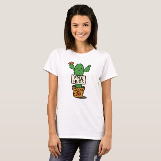 Schattigee Lachende Cactus Gratis Knuffels Grappig T-shirt (Voorkant volledig)