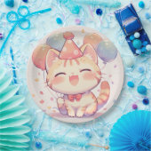 Schattigee lachende kat met ballonnen verjaardagsp papieren bordje (Feest)