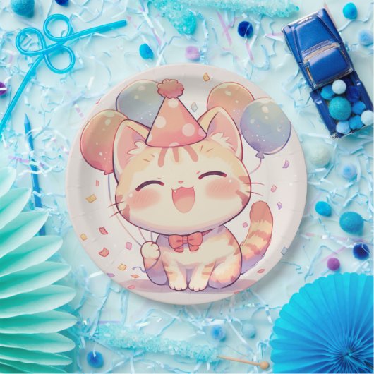 Schattigee lachende kat met ballonnen verjaardagsp papieren bordje (Feest)