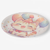 Schattigee lachende kat met ballonnen verjaardagsp papieren bordje (Gekanteld)