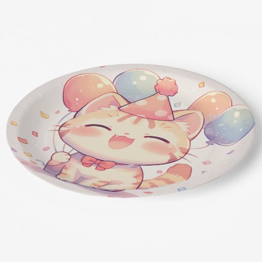 Schattigee lachende kat met ballonnen verjaardagsp papieren bordje (Gekanteld)