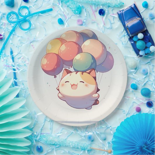 Schattigee lachende kat met ballonnen verjaardagsp papieren bordje (Feest)