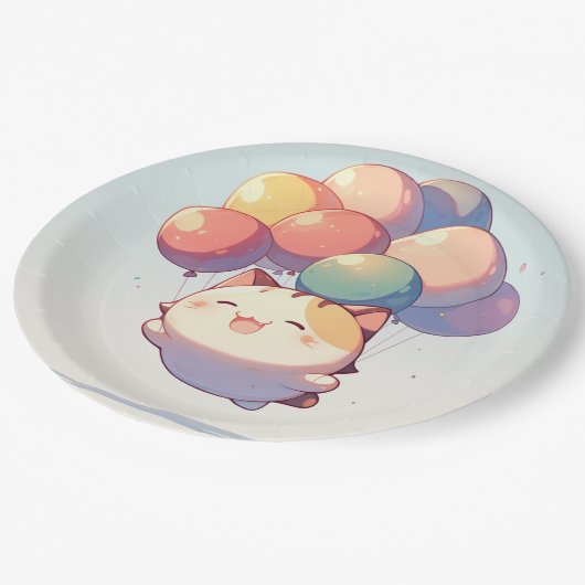 Schattigee lachende kat met ballonnen verjaardagsp papieren bordje (Gekanteld)