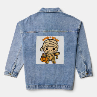 Schattigee Lachende Mummie Kind met Pompoen Snoep  Denim Jacket