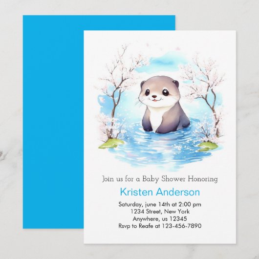 Schattigee lachende otter blauw bloemenjongen Baby Kaart (Voorkant / Achterkant)