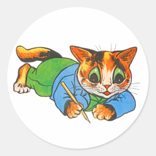 Schattigee Lachende Retro 1930 Cartoon Cat Writers Ronde Sticker (Voorkant)