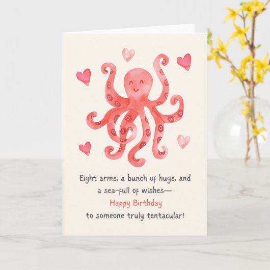 Schattigee lachende rode octopusharten Happy Birth Kaart (Gele Bloem)