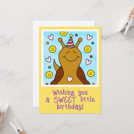 Schattigee lachende slak lieve kleine verjaardag kaart (Voorkant / Achterkant in situ)