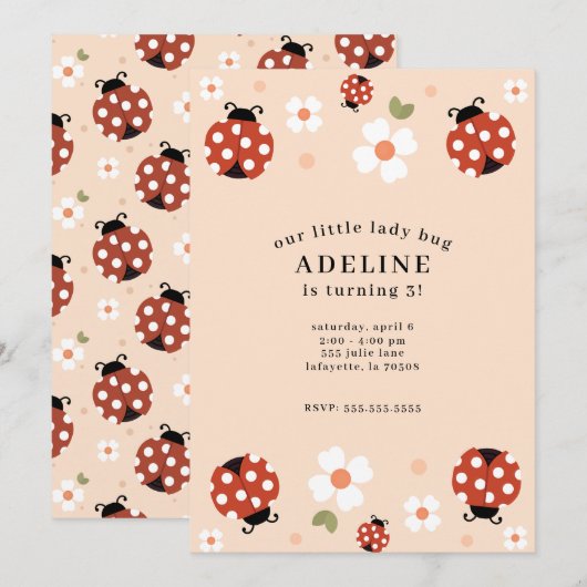 Schattigee Lady Bug verjaardagsfeestuitnodigingen Kaart (Voorkant / Achterkant)