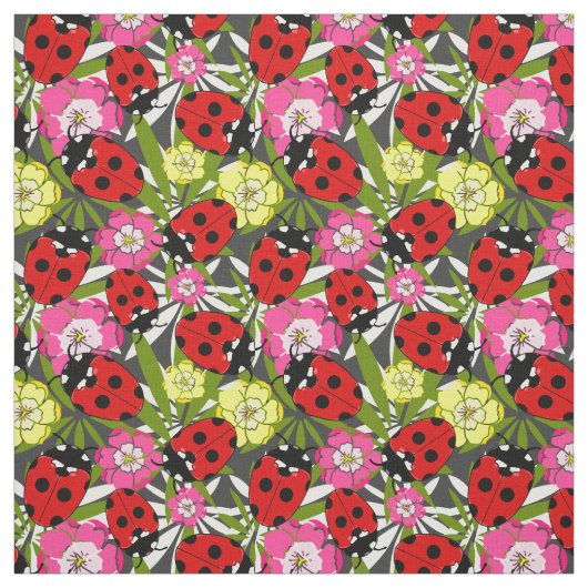 Schattigee Ladybirds en Flowers Pattern op Grijs Stof (Swatch)