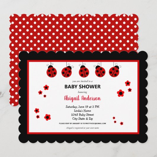 Schattigee Ladybug Polka Dots Baby shower Invitati Kaart (Voorkant / Achterkant)