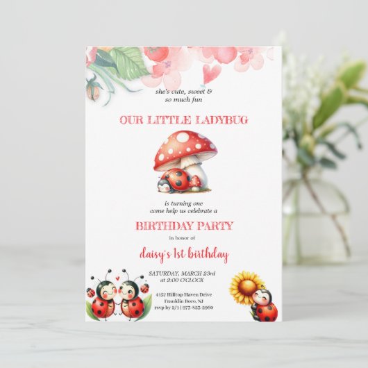 SCHATTIGEE LADYBUG VERJAARDAG UITNODIGING (Staand voorkant)