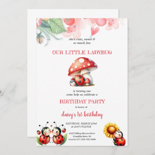 SCHATTIGEE LADYBUG VERJAARDAG UITNODIGING (Voorkant / Achterkant)