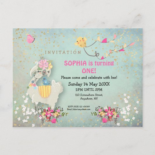 Schattigee lama en bloemen eerste verjaardag uitno briefkaart (Voorkant)