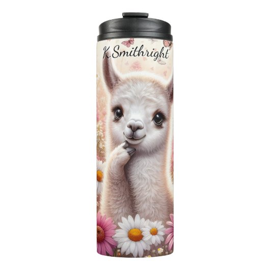 Schattigee lama in bloemenweidevlinders thermosbeker (Voorkant)