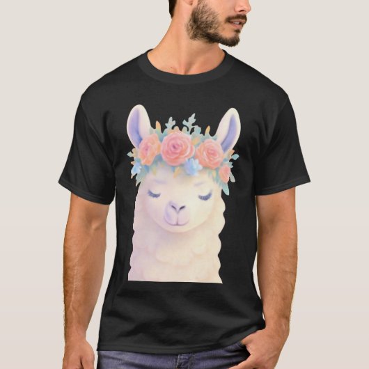 Schattigee lama met bloemenkroon pastel ontwerp t-shirt (Voorkant)