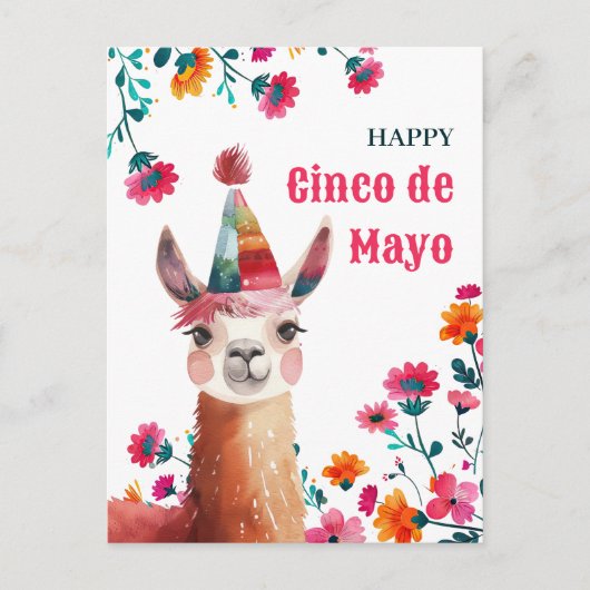 Schattigee Lama met Fuchsia Flowers Happy Cinco de Briefkaart (Voorkant)