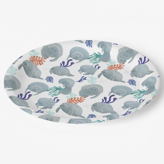 Schattigee lamantijnen met bubbelpatroon - wit papieren bordje (Gekanteld)