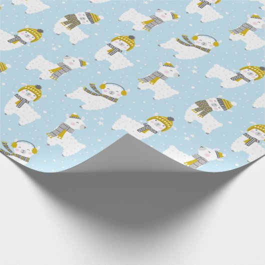 Schattigee lama's met petten en sjaals op lichtbla cadeaupapier (Hoek)