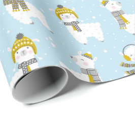 Schattigee lama's met petten en sjaals op lichtbla cadeaupapier