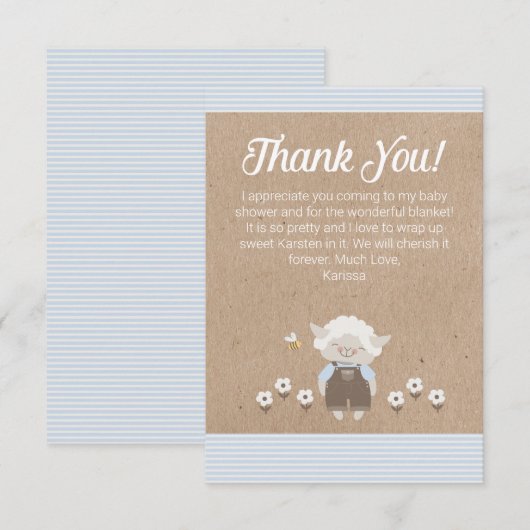 Schattigee Lamb Blue Kraft Baby Boy Shower Dank u Bedankkaart (Voorkant / Achterkant)