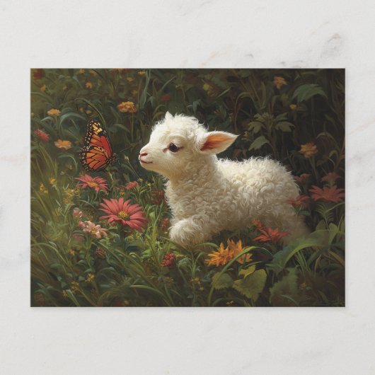 Schattigee Lamb en Butterfly Art Briefkaart (Voorkant)