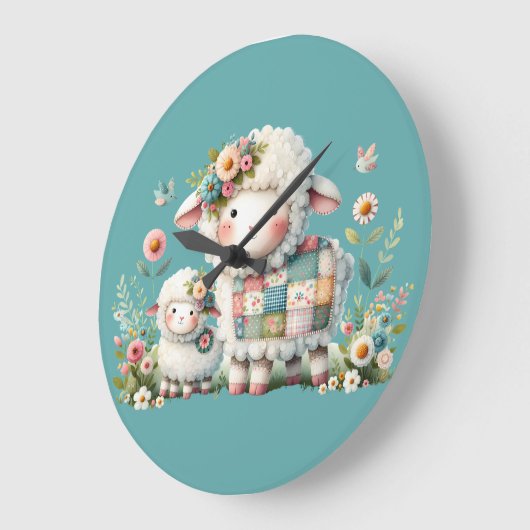 Schattigee lammeren met bloemen en patchwork accen grote klok (Hoek)