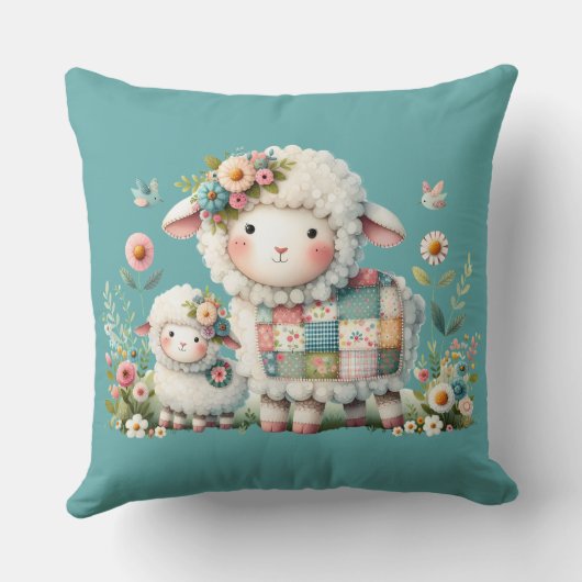 Schattigee lammeren met bloemen en patchwork accen kussen (Achterkant)